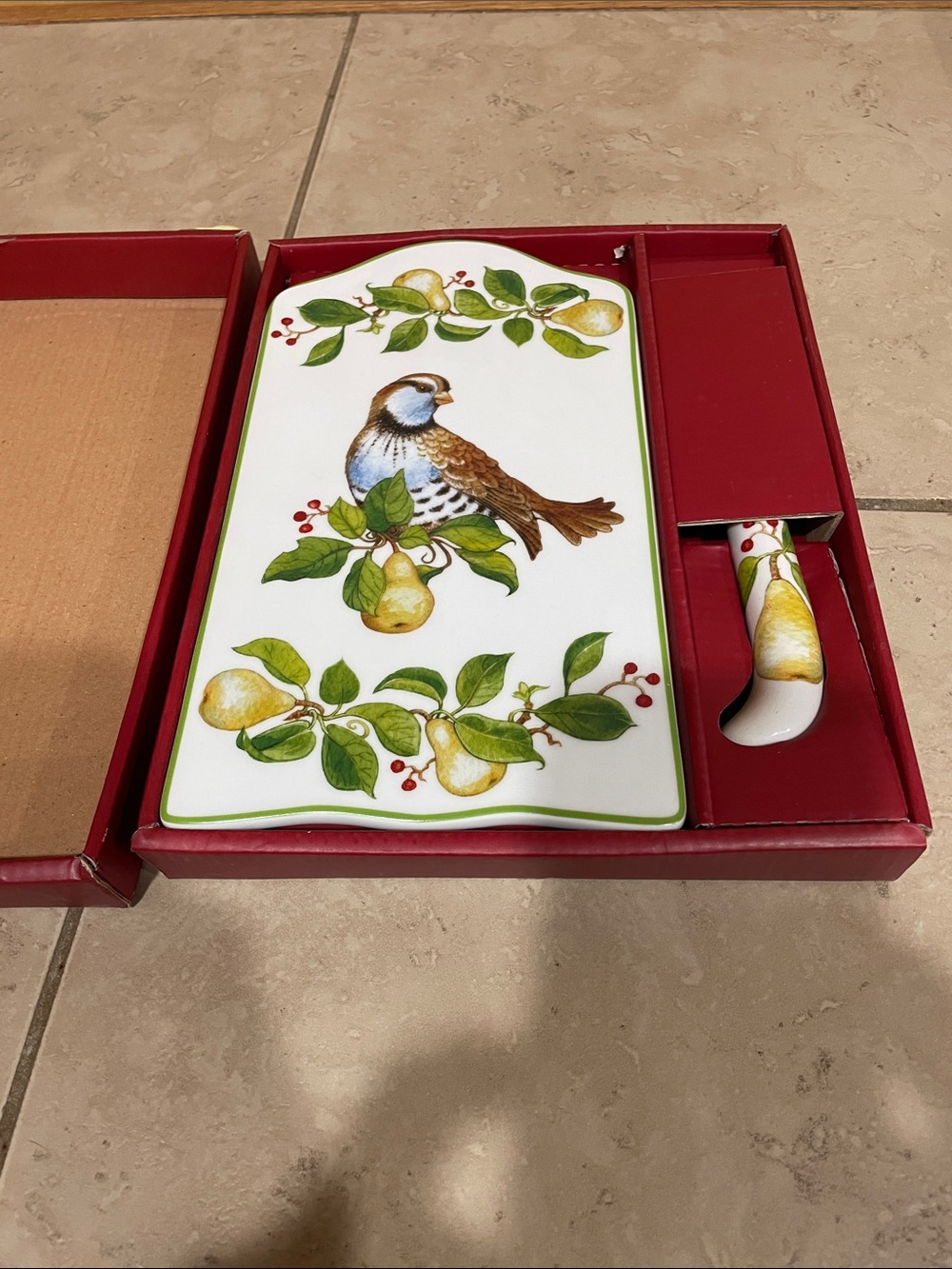 Decorative Pear & Bird Ceramic Cheese Board with Knife